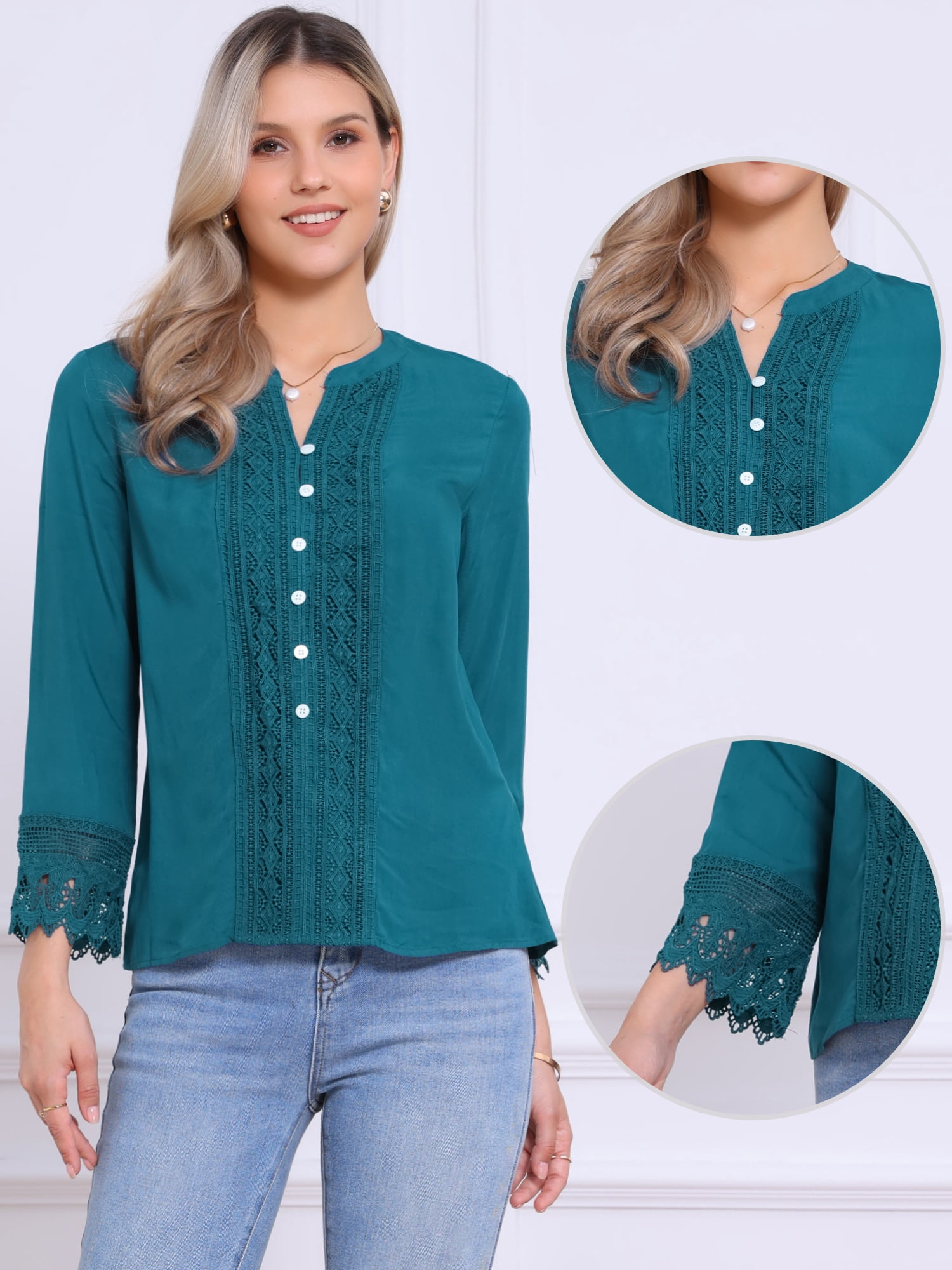 DARING DIVA Women's Half Button Placket Long Sleeve Lace Crochet Blouses L Peacock Blue