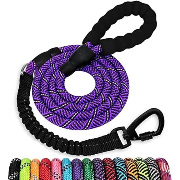 Eryueer Rope Dog Leash 5 FT: Heavy Duty Leashes with Swivel Lockable Hook Reflective Threads Bungee and Padded Handle - Dog Lead for Large Small Medium Dogs Outside Walking Hiking Purple