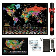 WhizBuilders Scratch off Map of The World, United States USA, Scratchable Wall Travel Tracker Black