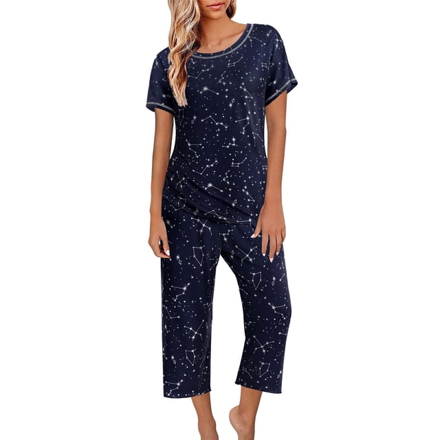 WTXUE Ensembles Lounge Ensembles de Pyjama Pyjamas pour Femmes Hauts Pantalons Capri Imprimé avec Poches Ensemble de Pyjama 2 Pcs Bleu m