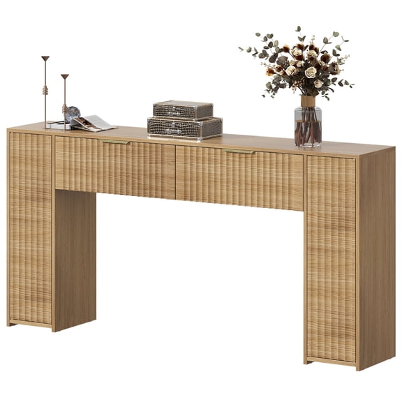 VVFLU 63 Inch Console Table with 2 Drawers, Fluted Entryway Tables with Storage, Sofa Table Behind The Couch, Hallway Tables, Mid-Century Modern Foyer Table for Entryway, Hallway, Living Room, Oak