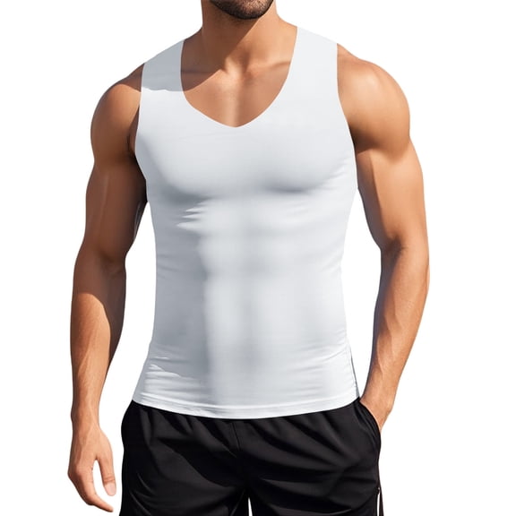 Mens Workout Tank Tops V Neck Sleeveless Slim Fit Bodybuilding Fitness Muscle Shirts Casual Basic Summer Beach Tops White, Size XXL