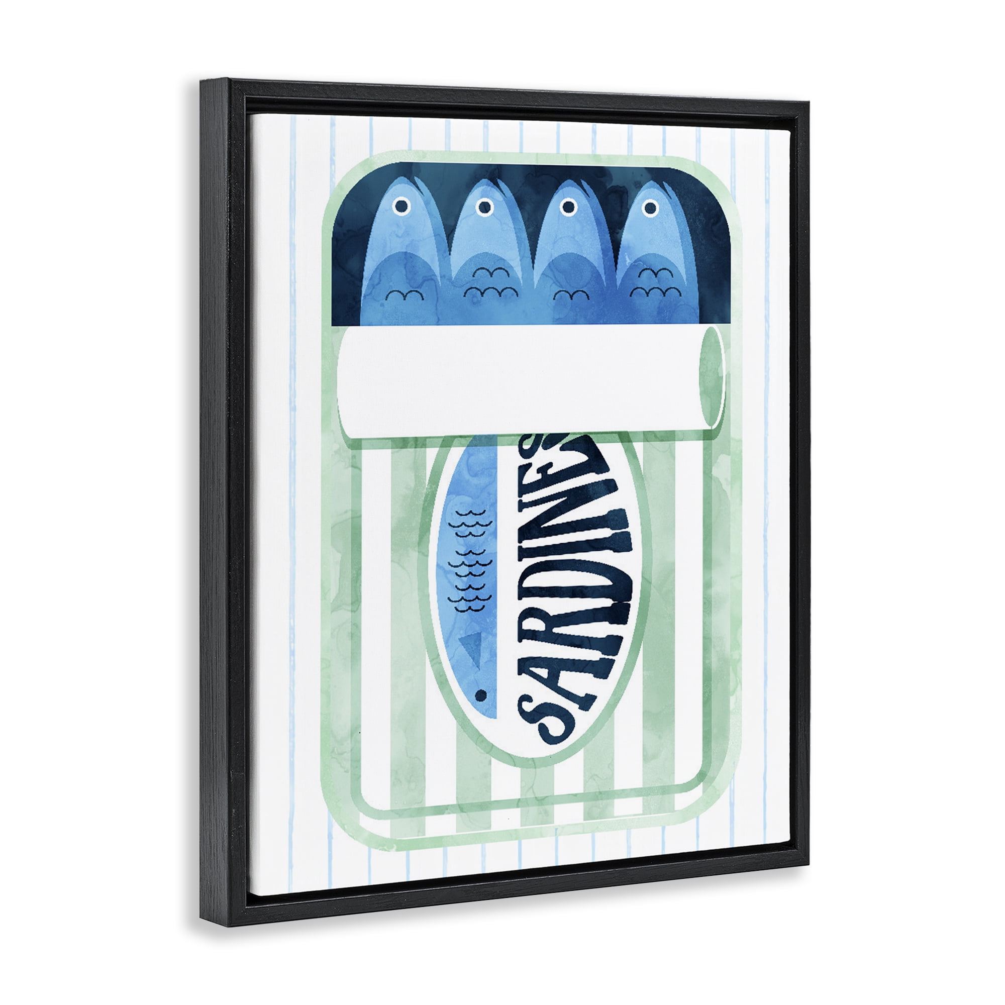 Seafoam Sardine Tin over Stripes Black Framed Floater Canvas Wall Art, design by Daphne Polselli