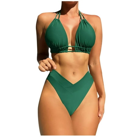 ZQGJB Cheeky High Cut Triangle Bikini Sets for Women Cute Halter Top Swimsuits Tummy Control 2 Piece Bathing Suit(Green XL)