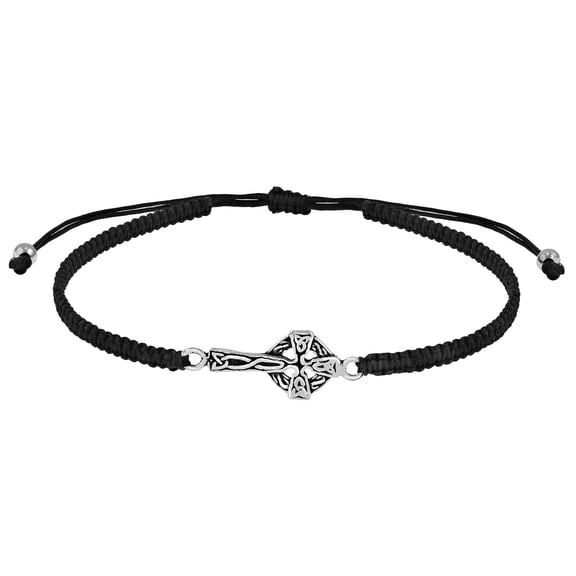 Vintage Cross Sideways Sterling Silver Charm on Black Rope Adjustable Bracelet