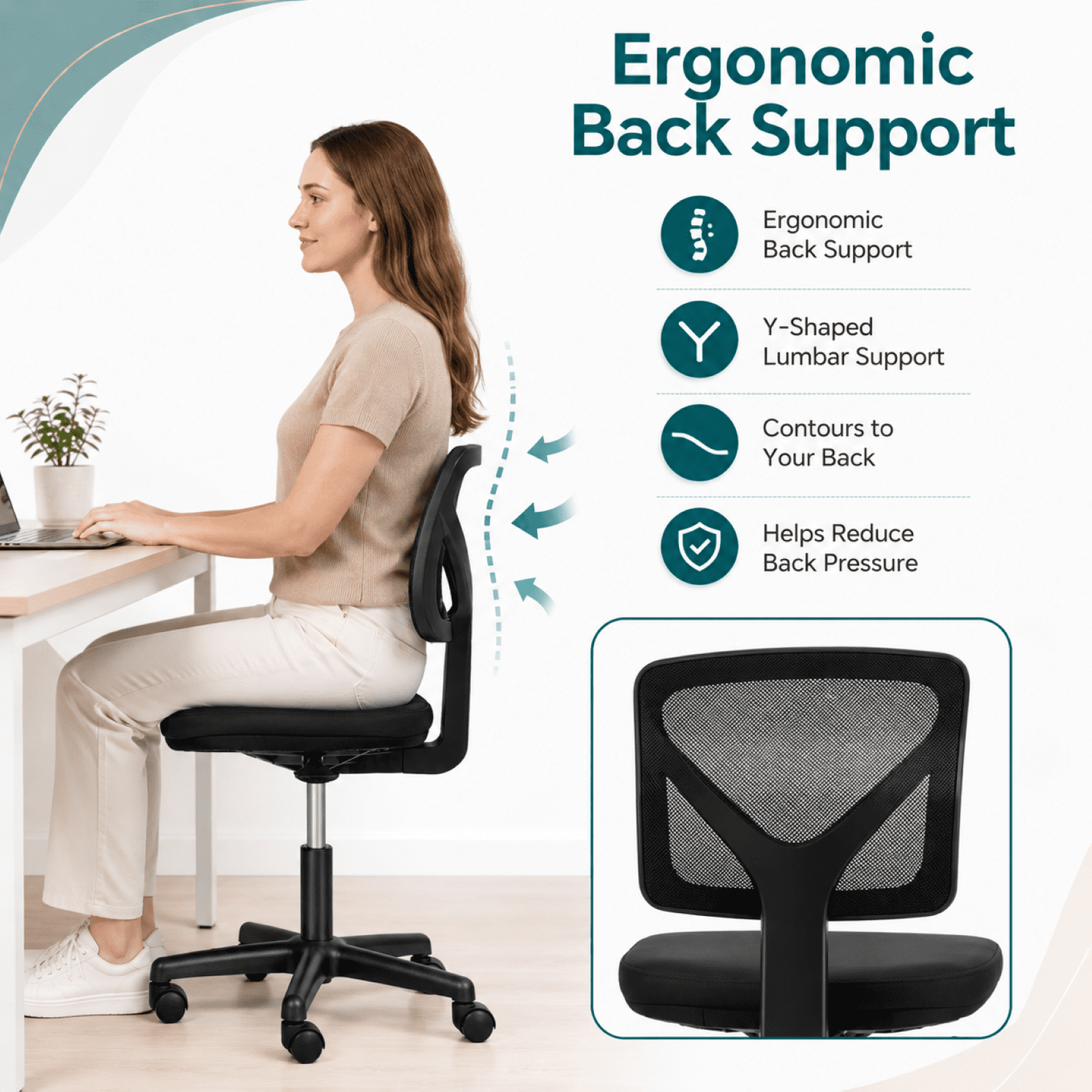 Kelno Small Desk Chair with Wheels Adjustable Computer Desk Chair with Lumbar Support Mesh Ergonomic Low-Back Office Chair, Black
