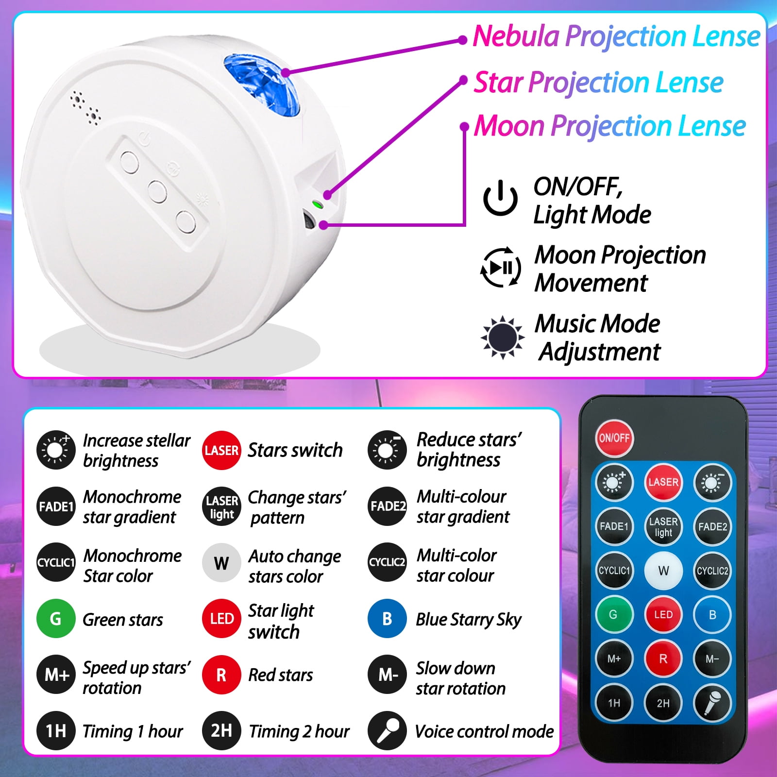 VOPOCO Bedroom Galaxy Star Projector Bluetooth Sync Music Sound Control Led Nebula Night Light Room Decor