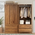 thumbnail image 2 of Wardrobe Armoire Wooden Closet with 2 Doors and 2 Drawer, Bedroom Armoire with Hanging Rod Shelf, Large Capacity Storage Wardrobe Armoire, Brown Closet Storage Cabinet, 2 of 8