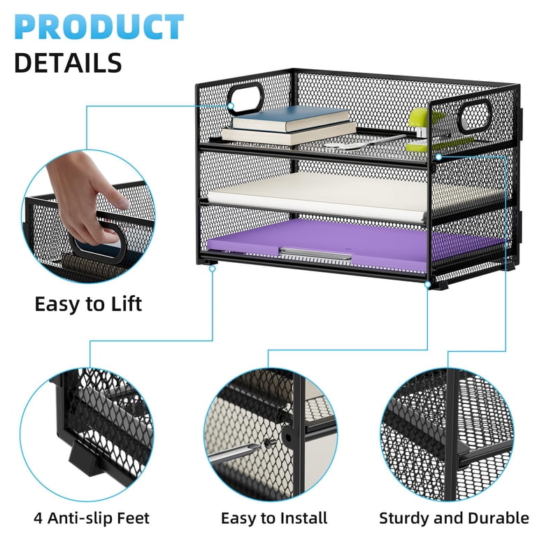 Marbrasse 3-Tier Mesh Paper Organizer with Handle, Black photo 3