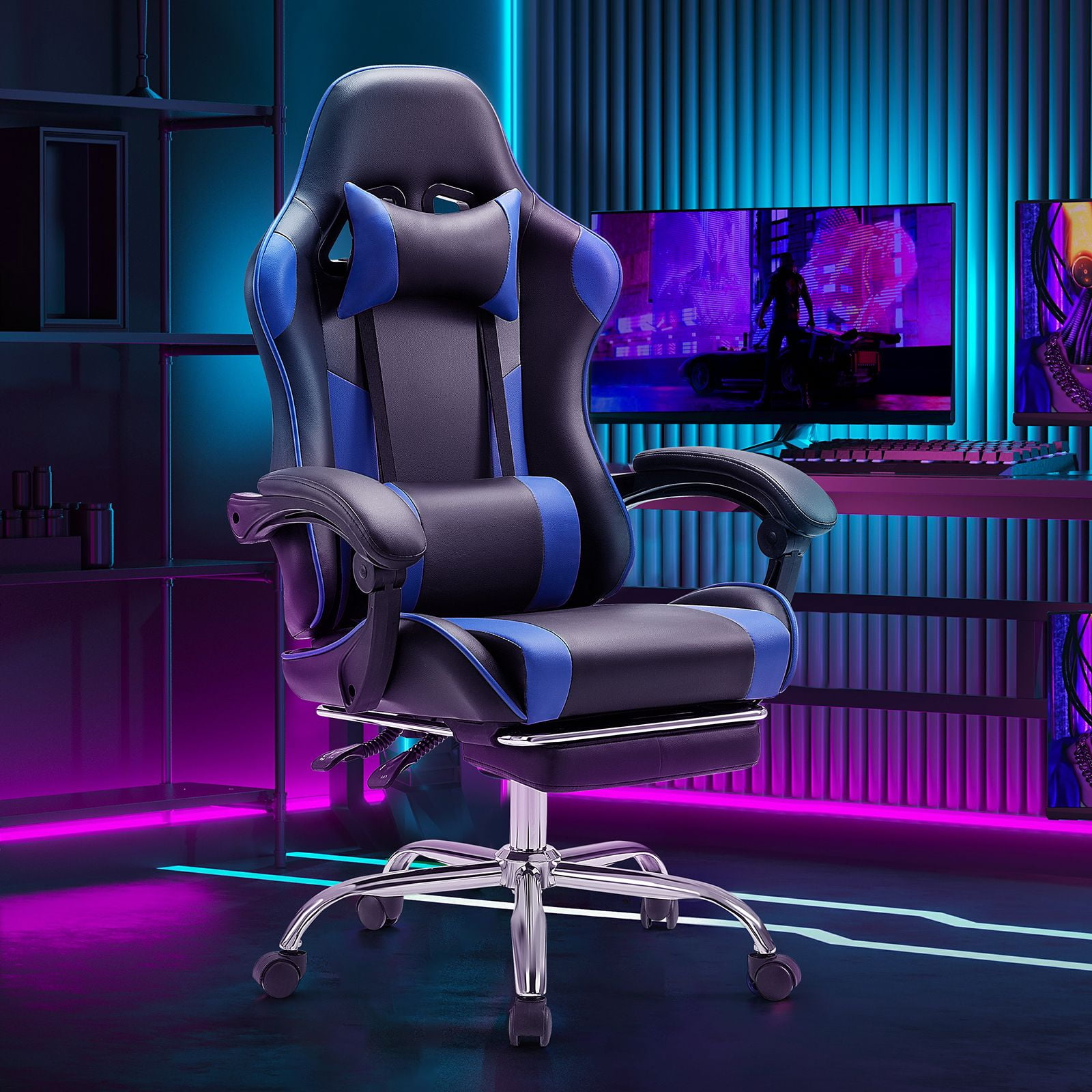 CONCETTA Gaming Chair with Footrest, Lumbar Support, Headrest, Blue