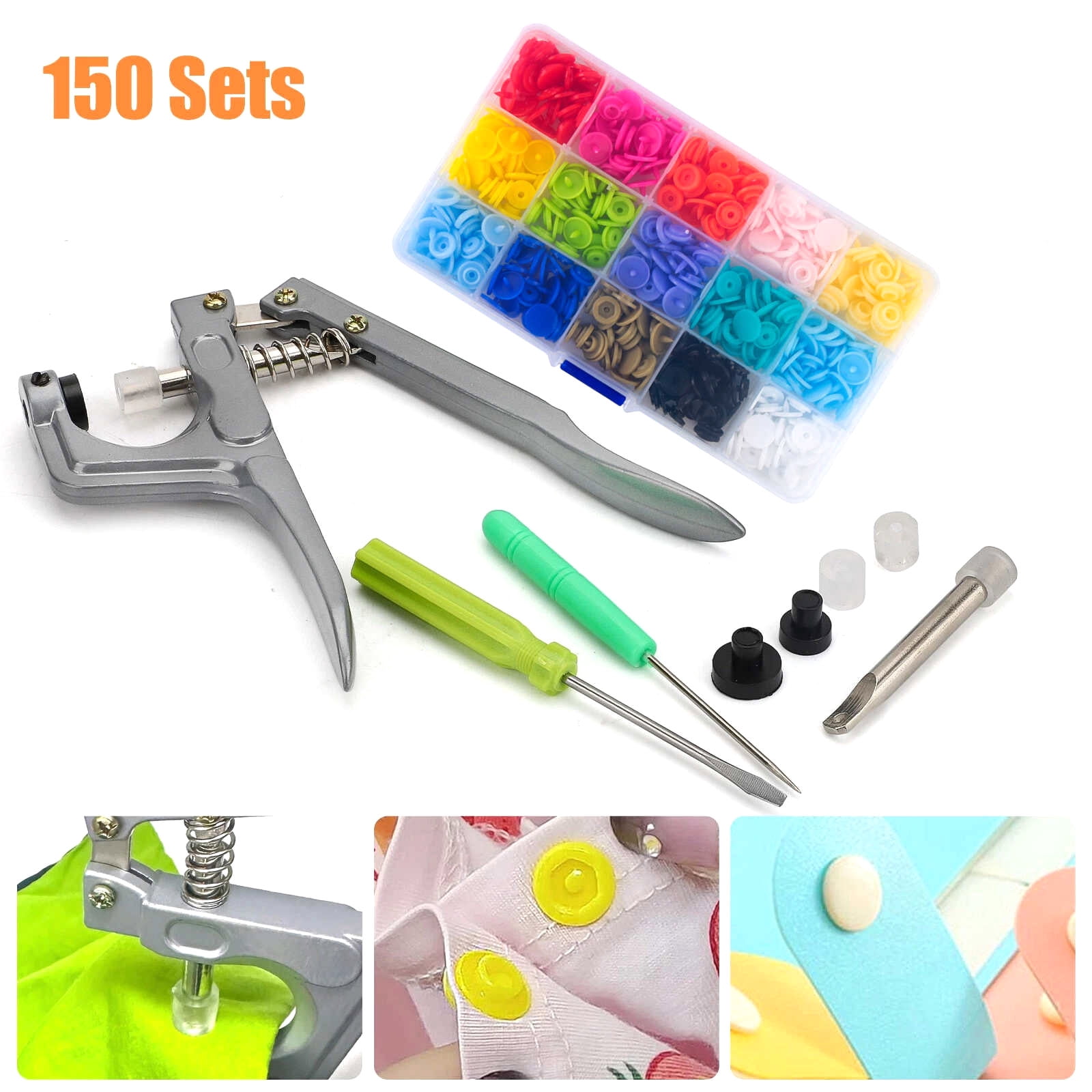 APPLAYERR Sewing Snap Kit for Baby Clothes Bibs 150 Sets T5 Resin Buttons Pliers Easy Install for Light Fabrics Folders Bags Projects
