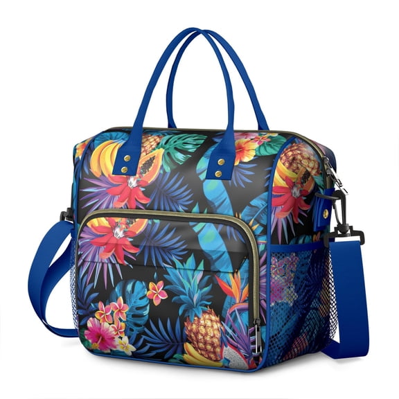 Tropical Floral Insulated Lunch Bag – Leakproof Dual Compartment Reusable Cooler Tote, Vibrant Hawaiian Hibiscus Pattern, Perfect for Work, Beach, Picnic