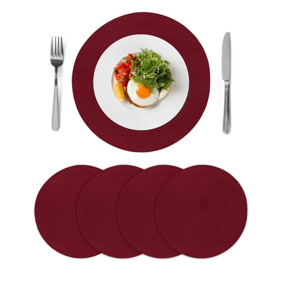 Pure Red Wine Round 13 Inch Placemats Set of 4, Simple Solid Color HeatResistant Non Slip Place Mats for Dining Table, Wipeable Braided Kitchen Table Mats for Housewarming