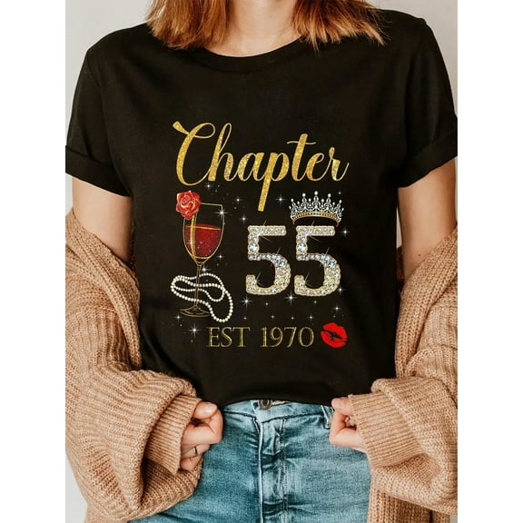 100% Cotton Chapter 55 Est 1970 Happy Birthday 55th Rose Red Wine T-Shirt