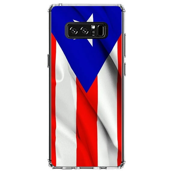 DistinctInk Clear Shockproof Hybrid Case for Samsung Galaxy Note 8 - TPU Bumper, Acrylic Back, Tempered Glass Screen Protector - Red White Blue Puerto Rico Flag