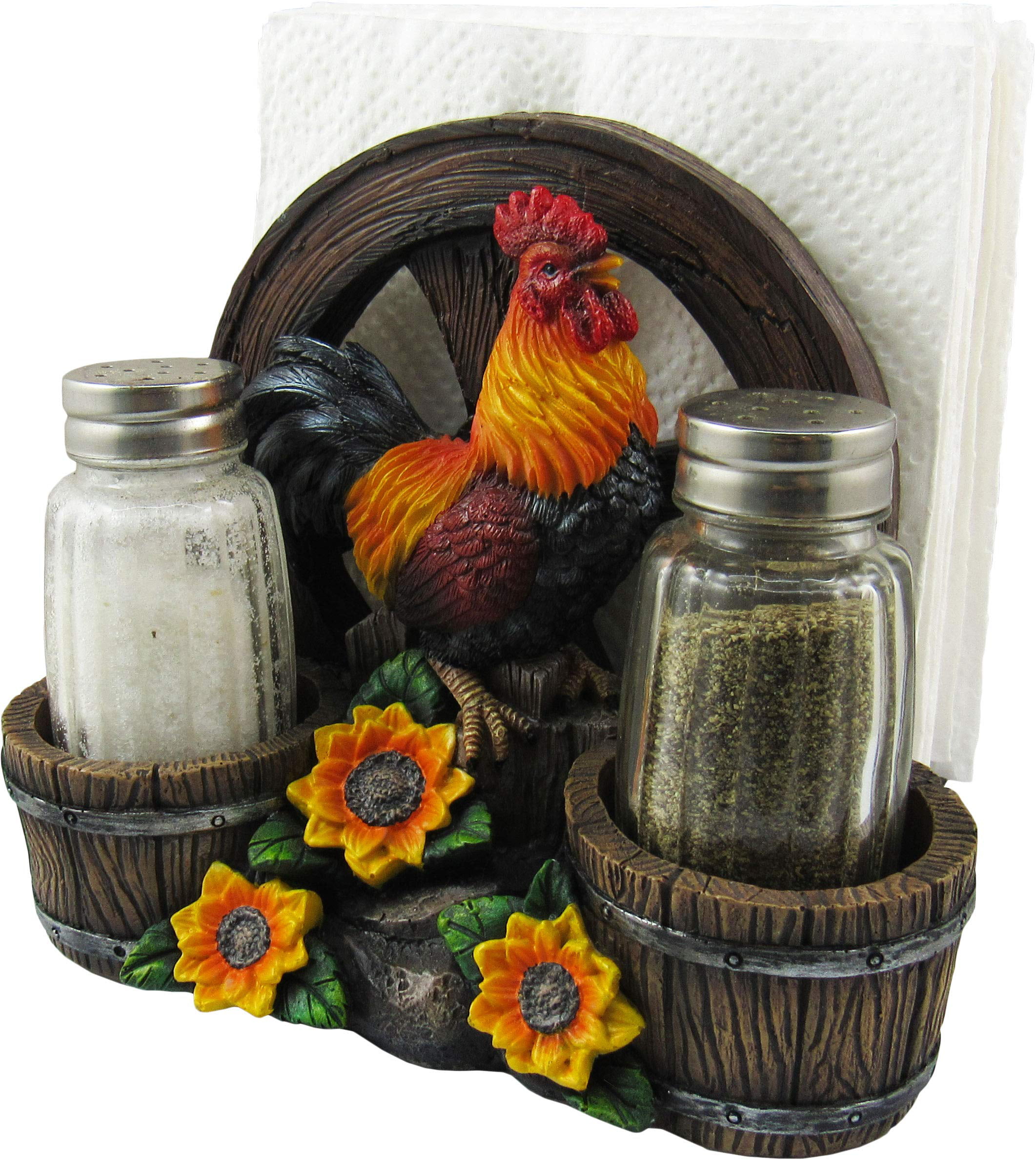 Country Diner Rooster with Wagon Wheel Farm Barrel and Sunflowers Napkin Salt & Pepper Shaker Holder Home Décor Kitchen Accessory Dining Accent 3-Piece Set 6-inch DWK 