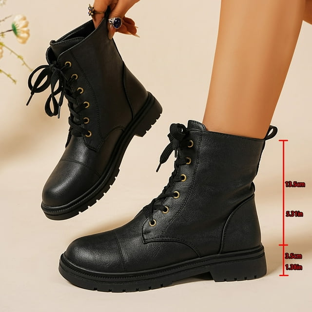 EYWGYA Bottines pour Femmes, Bottes à Talon Bas pour Femmes, Bottines Courtes d'Hiver à la Mode et Décontractées, Couleur Unie, Bout Rond, Laçage avant, Talon Bas, Bottines à Talon