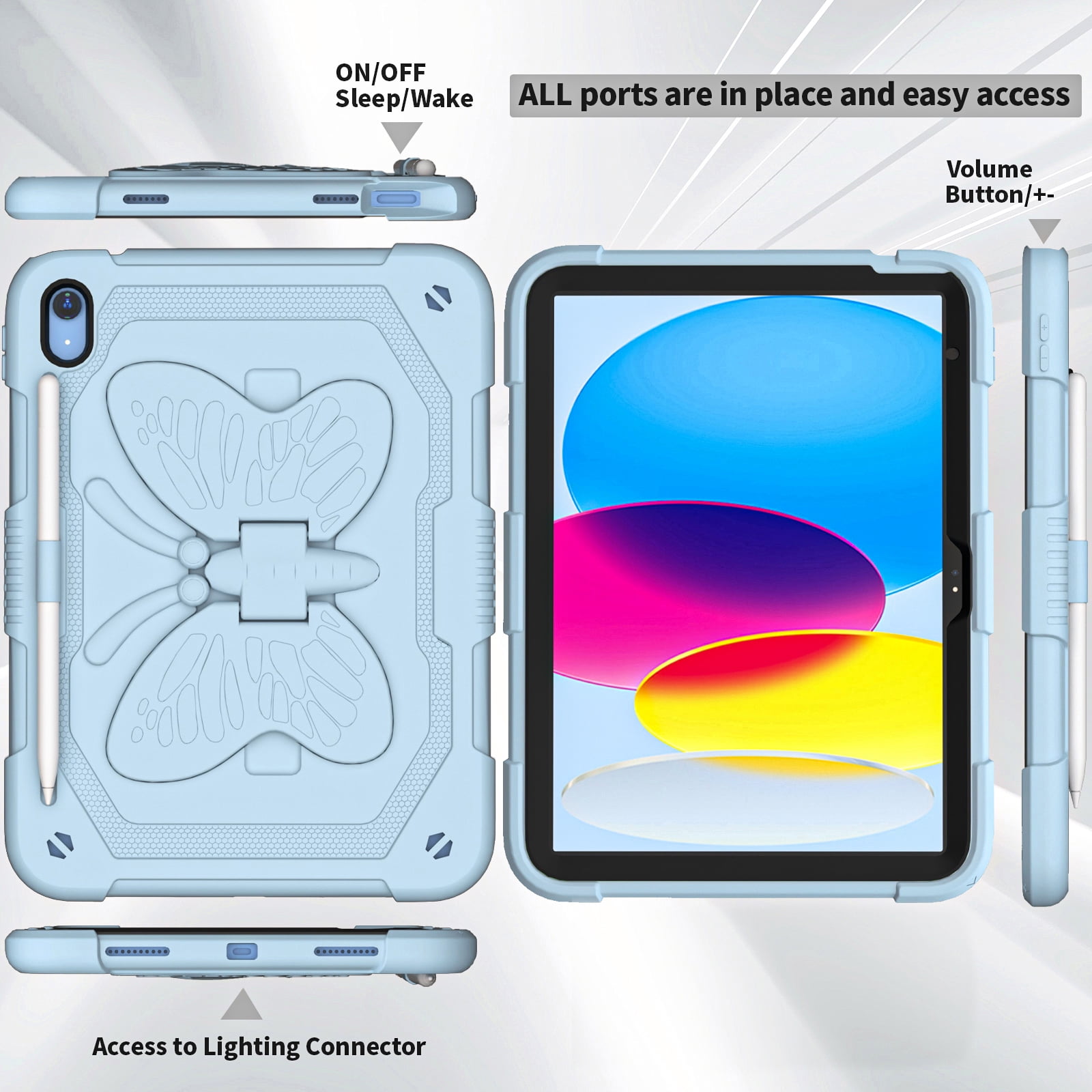 iPad 10th Generation 10.9 Inch 2022 Case with Kickstand Butterfly Wings Pencil Holder, TECH CIRCLE Heavy Duty Hard Rugged Protective Kids Girls Cover for iPad 10th Gen 10.9 Inch 2022,Blue