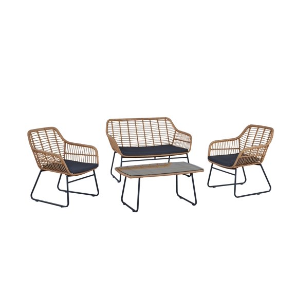 Zinkitool 4-Piece Wicker and Steel Outdoor Conversation Set, with Cushions, with Tempered Glass Tabletop, Gray
