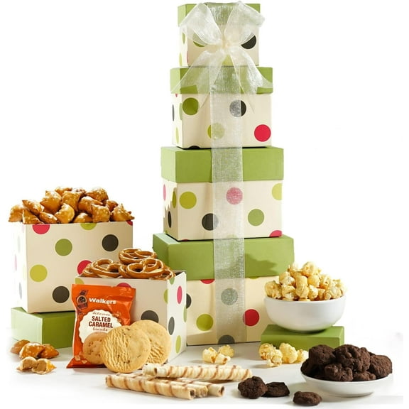 Broadway Basketeers Food Gift Basket Tower Snack Gifts for Women, Men, Families, College, Delivery for, Appreciation, Thank You, Birthday, Corporate, Get Well Soon Care Package