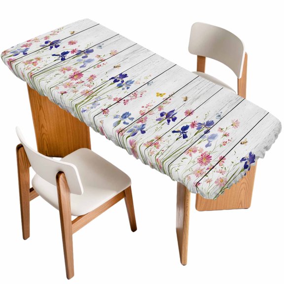 Spring Floral Table Cloths for 8 Foot Rectangle Tables, Summer Botanical Flowers Vintage Patio Waterproof Elastic Fitted Tablecloths, Washable Rectangular Table Cover for Camping