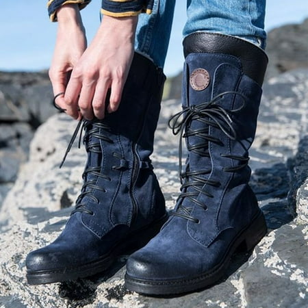

Juebong Christmas Deals Women s shoes fashion mid-heel suede casual solid color round toe lace warm plush thickened waterproof mid-tube knight snow boots 9.5 Blue