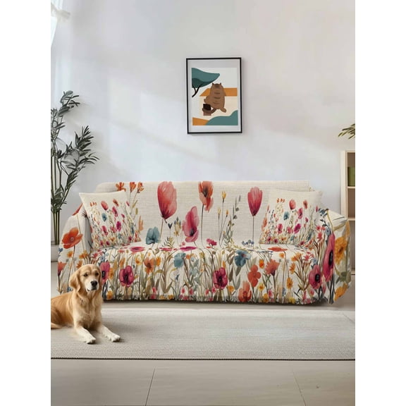 Pink Orange Teal Spring Floral Sofa Covers for 2-3 Cushion Couch L-Shaped Sectional, Watercolor Botanical Summer Flowers Washable Sofa Covers Slipcover for Living Room, Couch Cover Blanket 71"x134"