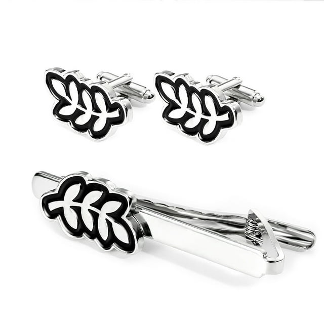 Set de gemelos y corbatas para hombre, diseño de hojas, color plateado