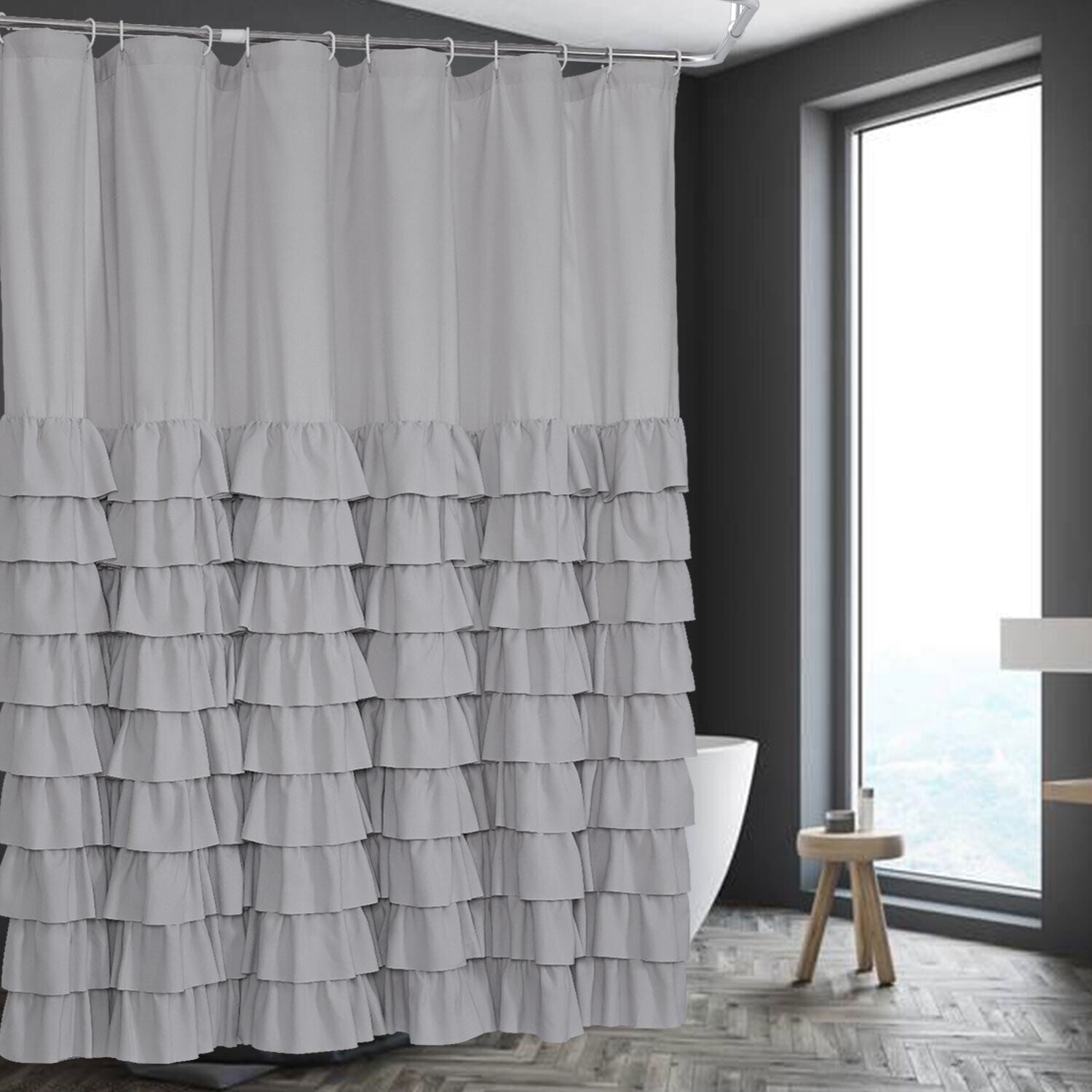 Farmhouse Style White Ruffle Shower Curtain 72" in Long & Wide (Arya