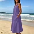 thumbnail image 6 of Women's Cotton Linen Sleeveless Midi Dress V‑Neck Button Detail Casual Summer Loose Dress with Side Pockets Purple XL(XL), 6 of 8