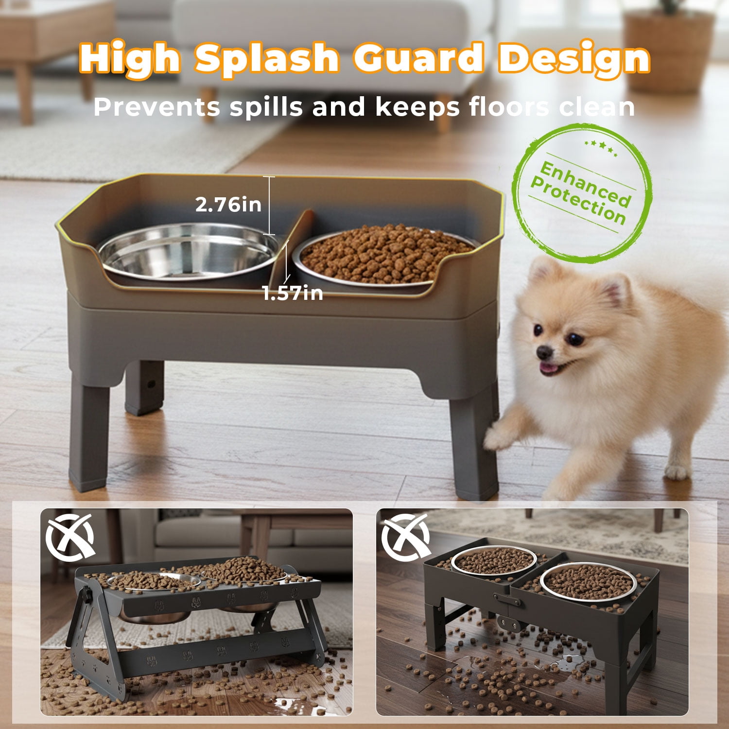 Adjustable Elevated Dog Bowls with Stand, 4 Height Settings, Double Stainless Steel Bowls with Raised Splash Guard, Feeding Station with Licking Tray
