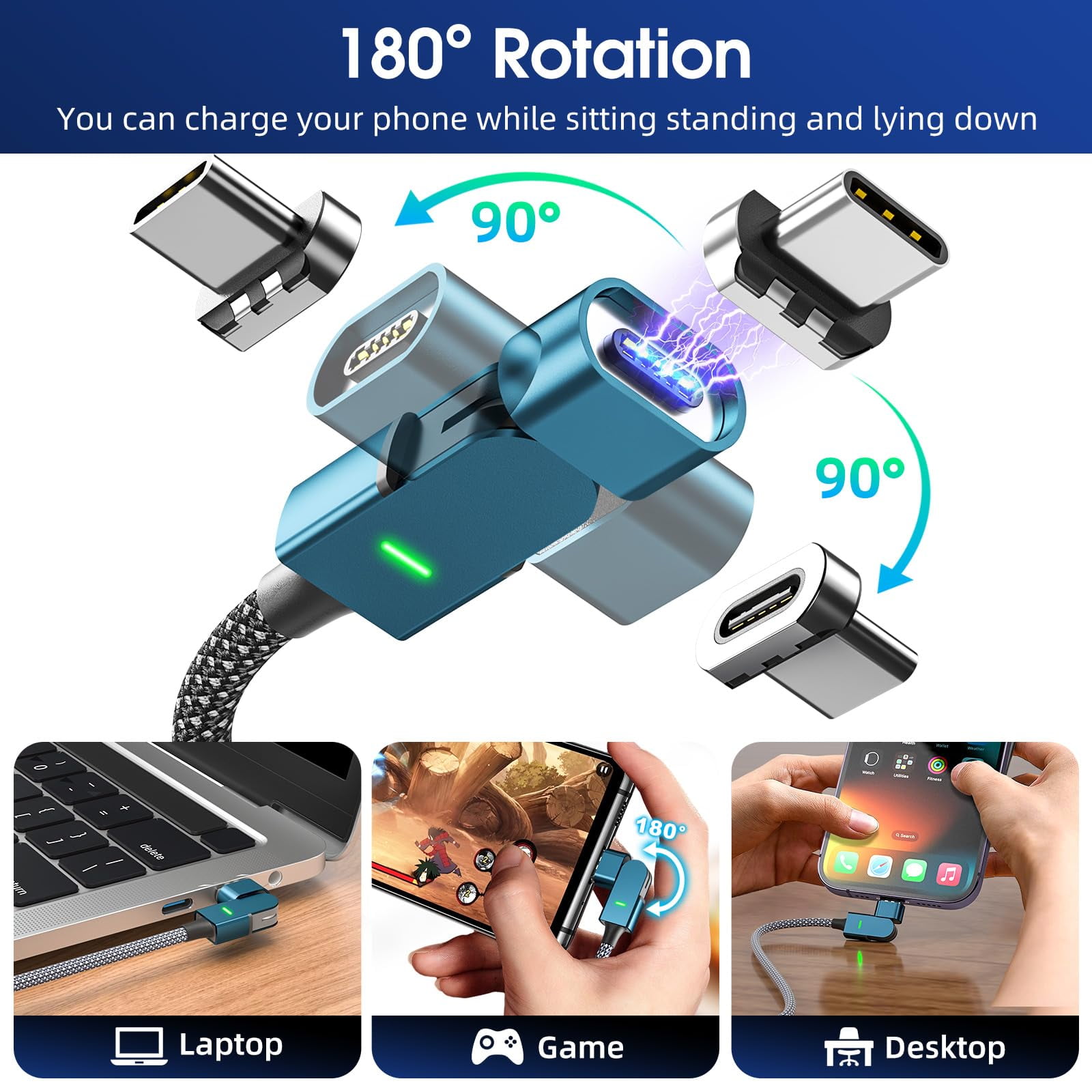 100W USB C Magnetic Charging Cable,(3 Pack 6FT) 180°Rotation USB C to USB C Magnetic Cable 5A Fast Charging Data Transfer Magnetic Charger Cable for iPhone 16 15,14,13 Pro Max, MacBook Pro,iPad.