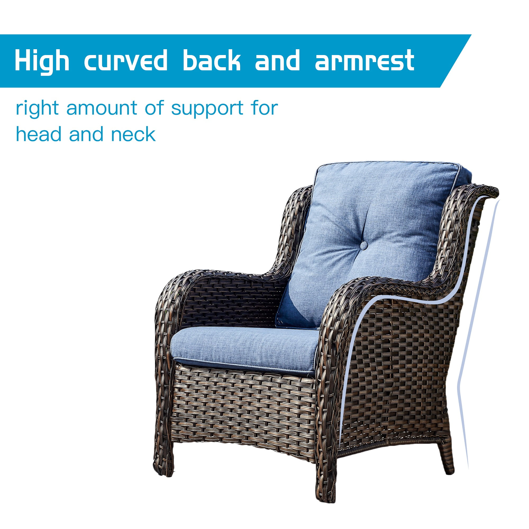 PARKWELL Outdoor Wicker Patio Chairs Set of 2,Lounge Chairs with Cushions for Porch Balcony Backyard,Brown Wicker and Blue Cushions