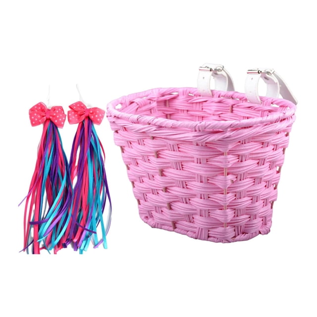 S SERENABLE Bike Basket Detachable with 2 Ribbons Front Basket for Picnic Riding Pink Basket