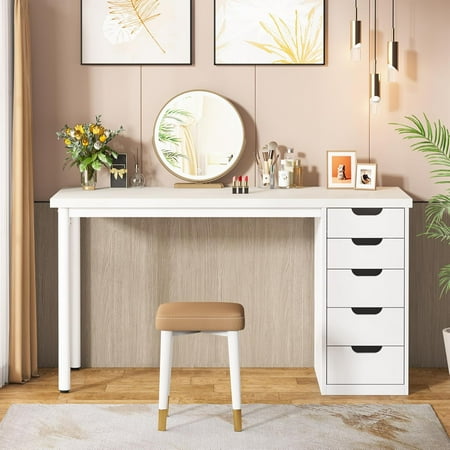 Tribesigns 47 inches Vanity Desk with 5 Drawers Makeup Vanity Table Dressing Table with Storage Modern Simple Computer Desk White