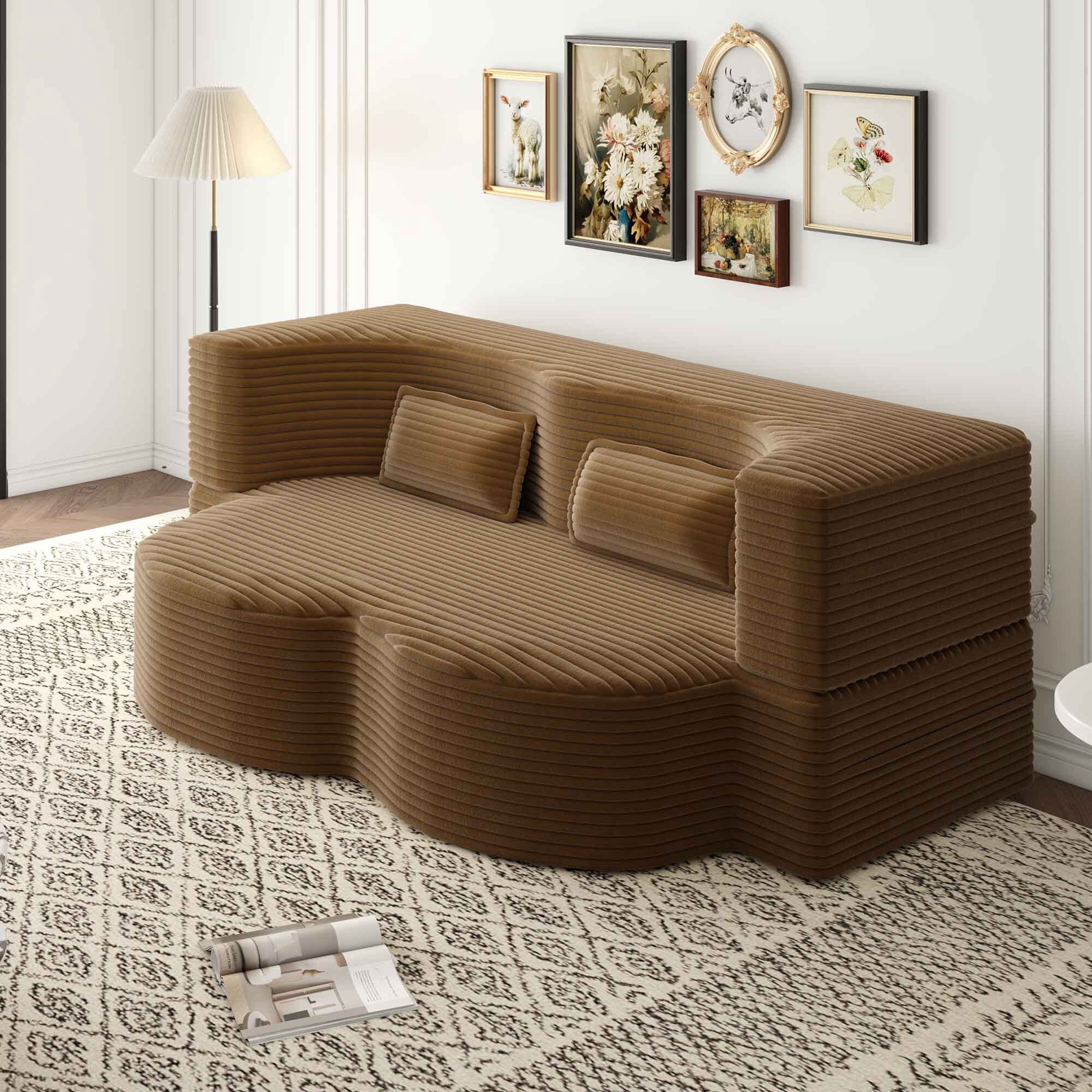 Lunale Full Size Convertible Sofa Bed, Boneless Cloud Couch, Folding Floor Sleeper Sofa for Living Room, Camel Corduroy