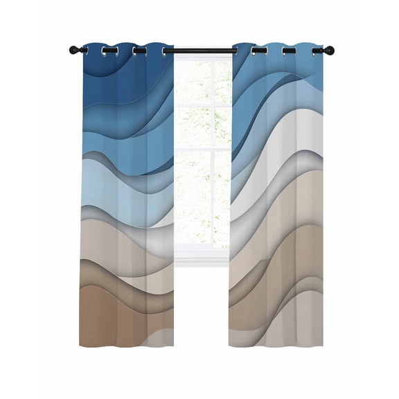 Blue Brown Blackout Curtains, Light Blocking Print Window Curtains, Gradient Geometric White Water Stripes Modern Thermal Insulated Window Drapes for Living Room 2 Panels, 55"W x 39"L
