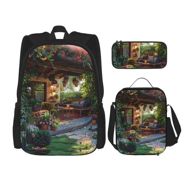 Disketp Charming Garden Patio Mochila Estampada de Gran Capacidad con Lonchera y Estuche, Set de 3 Piezas para Estudiantes