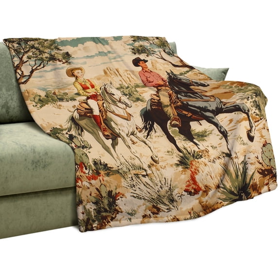 Watercolor Western Cowboy Soft Warm Cozy Blanket, Rustic Aesthetic Anime Wild West Desert Animal Horse Throw Blankets for Family Fuzzy Plush Blanket Fleece Lightweight Flannel Adults Gift fo