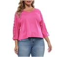 thumbnail image 3 of Hesxuno Women's Plus Size Solid T-Shirts Hollow 3/4 Sleeve Shirts Loose Fit V Neck Cropped Tops Casual Elegant Travel Summer Tees Hot Pink, 3 of 7