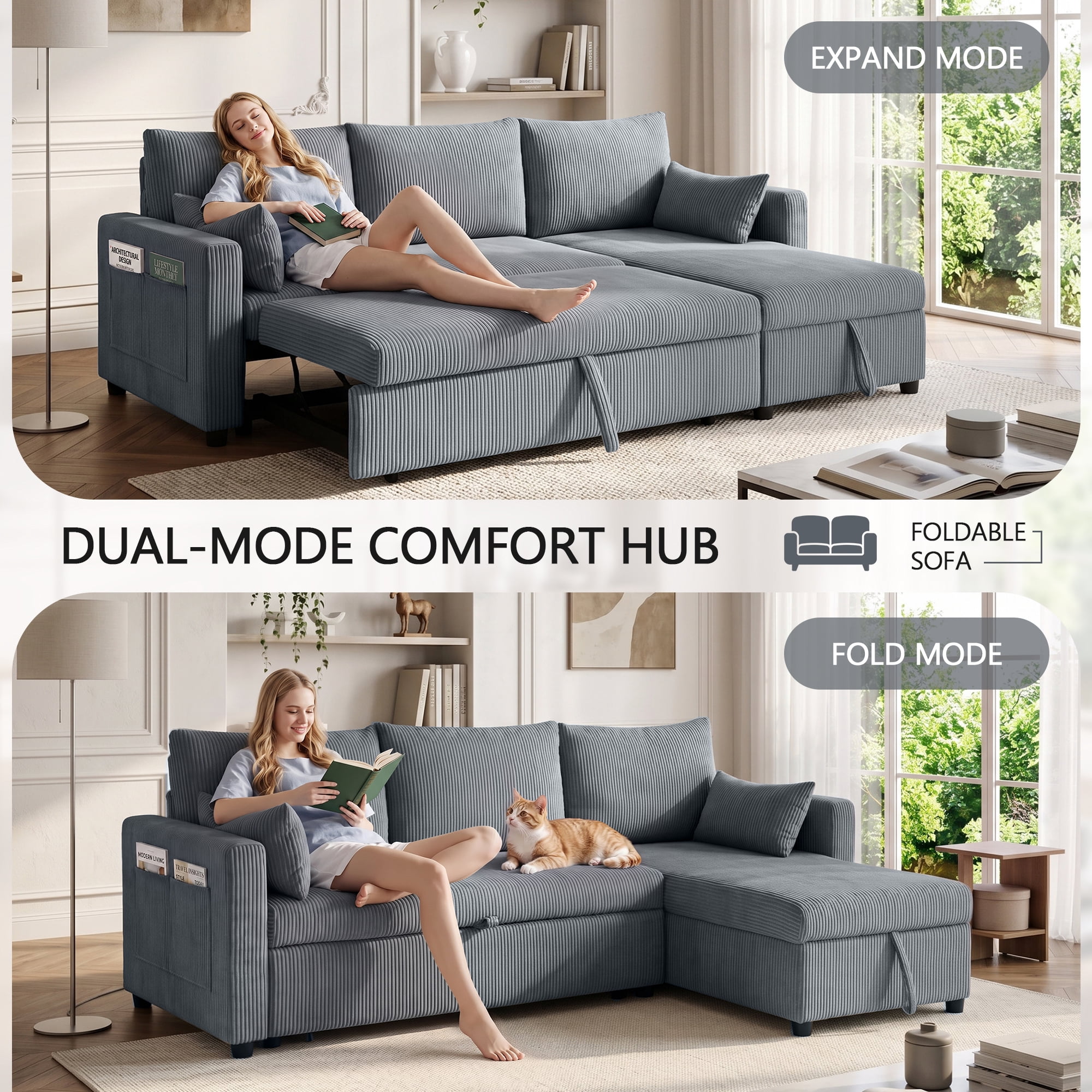 Xiweot Convertible Sectional Sleeper Sofa Bed, 85" L Shaped Couch with Pull Out Bed, Side Pockets & Storage Chaise, Corduroy 3 Seater Sectional Couch for Living Room Apartment (Gray)