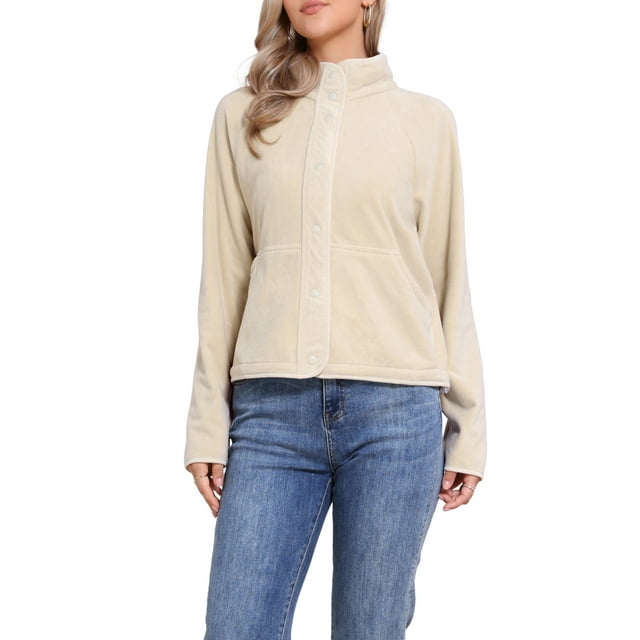 Chaqueta corta de felpa ligera con botones para mujer, de manga larga suave, con bolsillos, XS, color beige