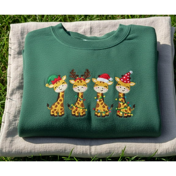 Christmas Giraffe Sweatshirt | Cute Holiday Embroidered Crewneck | Festive Animal Sweater | Christmas Lights Embroidery | Cozy Winter Gift