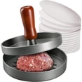 thumbnail image 1 of Hamburguesa prensa acero inoxidable mango madera papel para hamburguesas incluido, 1 of 7