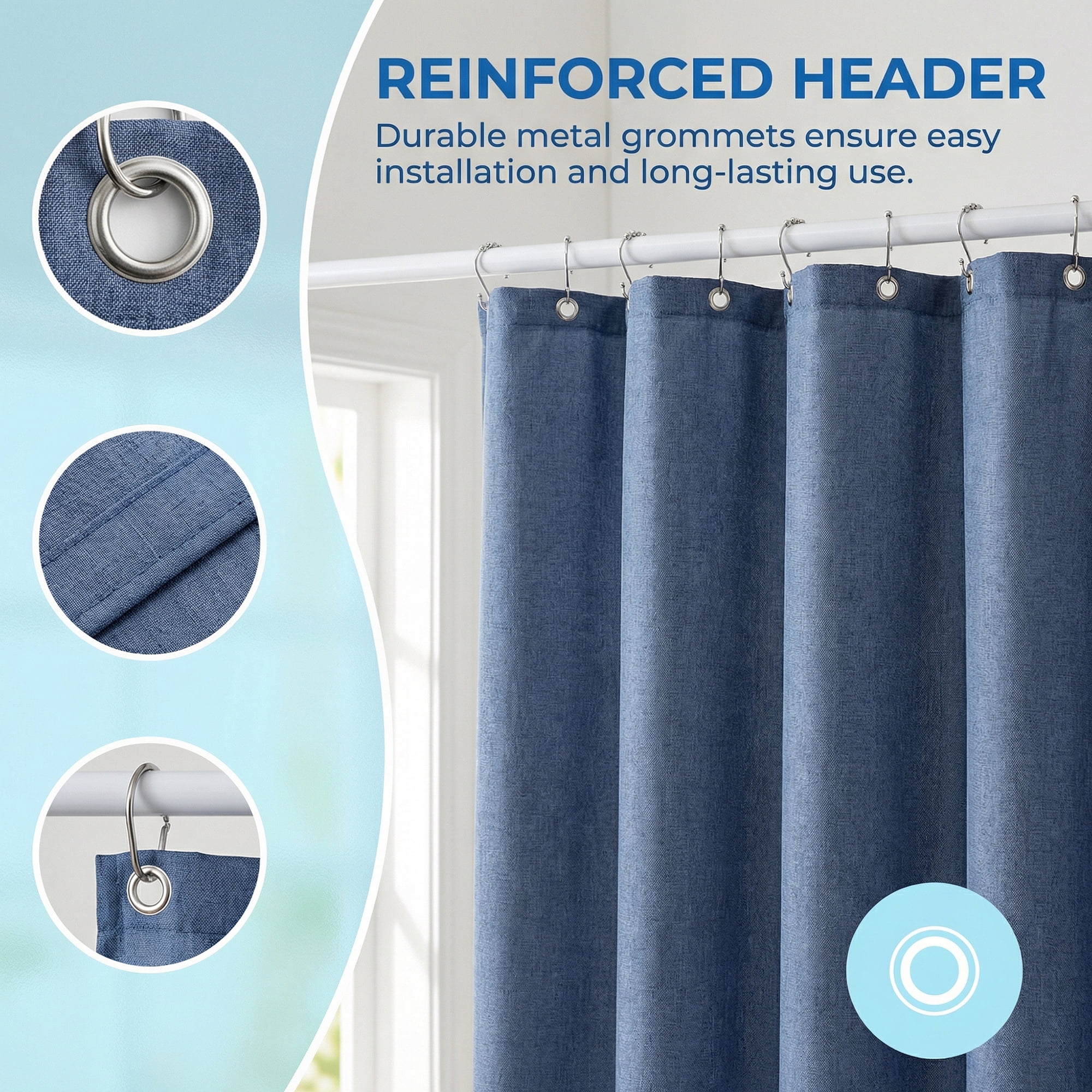 Unique Bargains Faux Linen Solid Bath Curtain Sets with Hooks Blue 71"W x 71"L