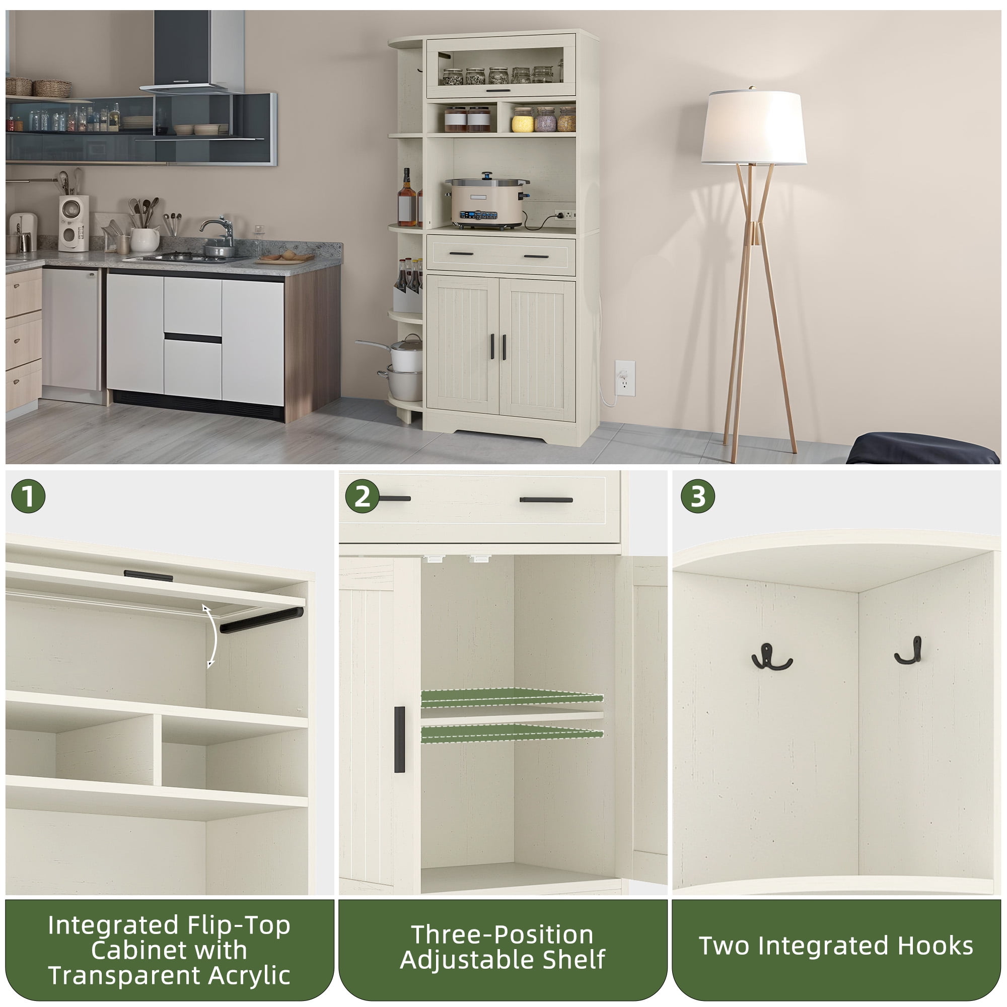 Uforic 67"H Pantry Storage Cabinet with Power Outlets, Kitchen Cabinet with Doors & Drawer, White