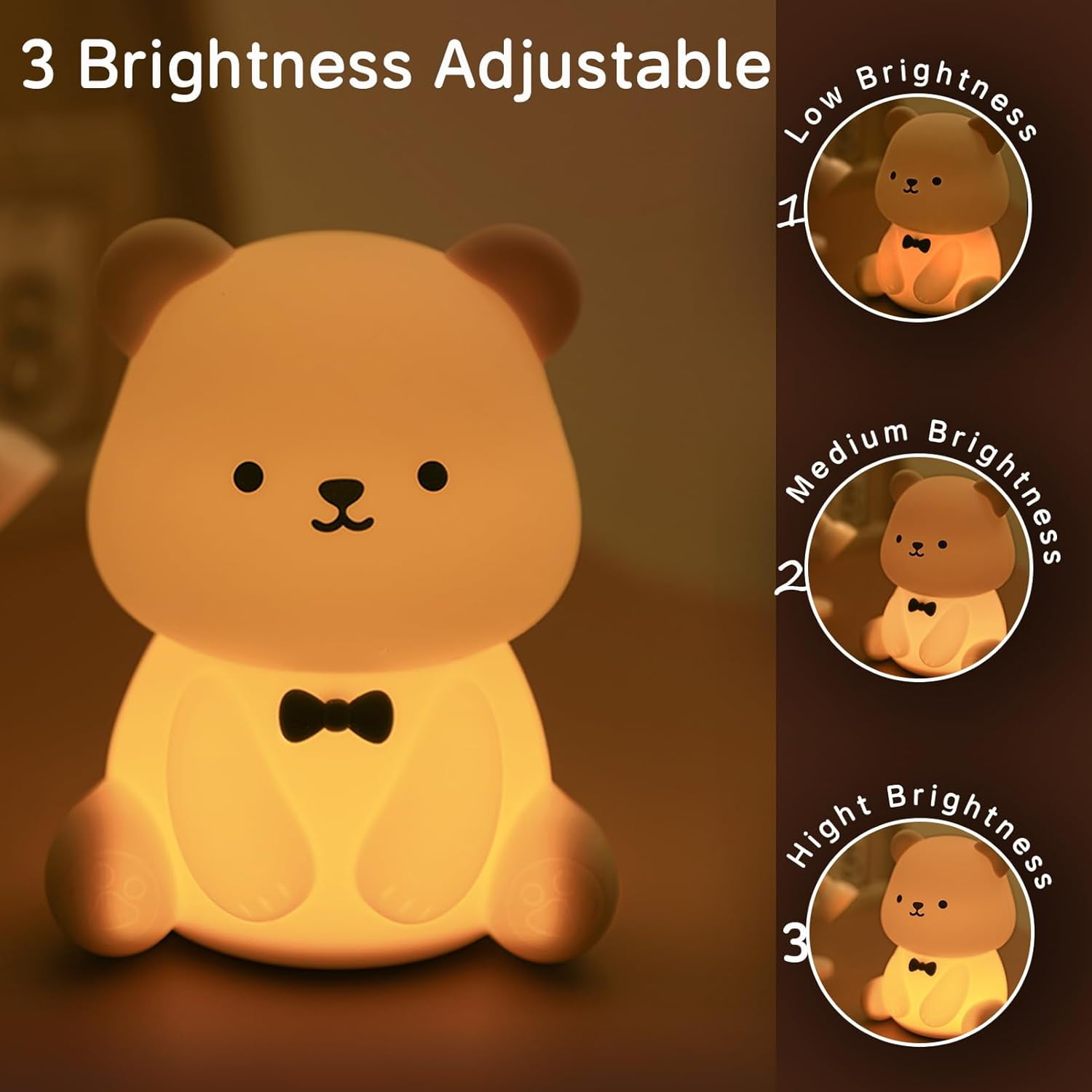 CATPAN Cute Bear Night Light, Kids Night Light for Boys Girls Bedroom USB Rechargeable Silicone Animal Light, Baby Nursery Beside Lamp, Bear Gifts