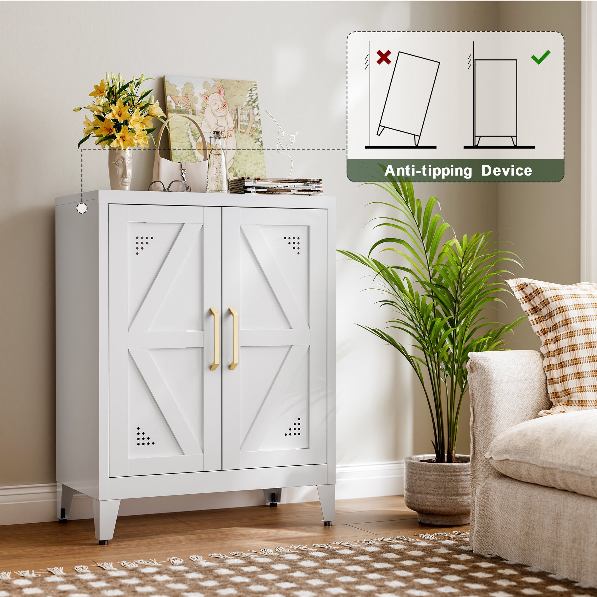 CXUZCZ Metal Buffet Cabinet, Bathroom Floor Storage Cabinet with 2 Adjustable Shelves, Freestanding Storage Sideboard for Entryway,Office, Restaurant, Living Room,11.8 x 23.6 x 31.5 Inches,White