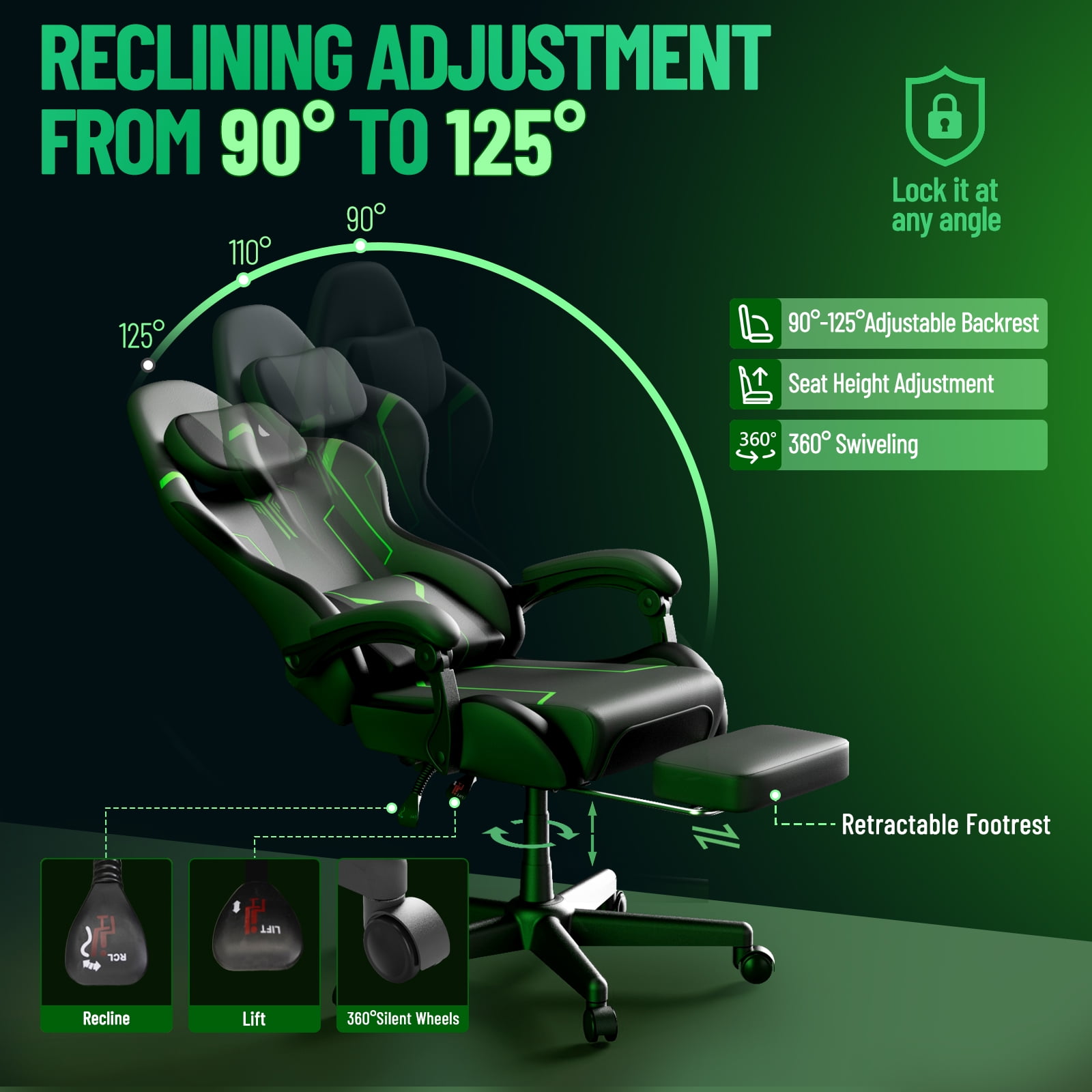 Luxvie Gaming Chair with Footrest High Back Ergonomic Gamer Chair with Headrest and Massage Lumbar Cushion Racing Reclining Video Game Chair for Adults, Black