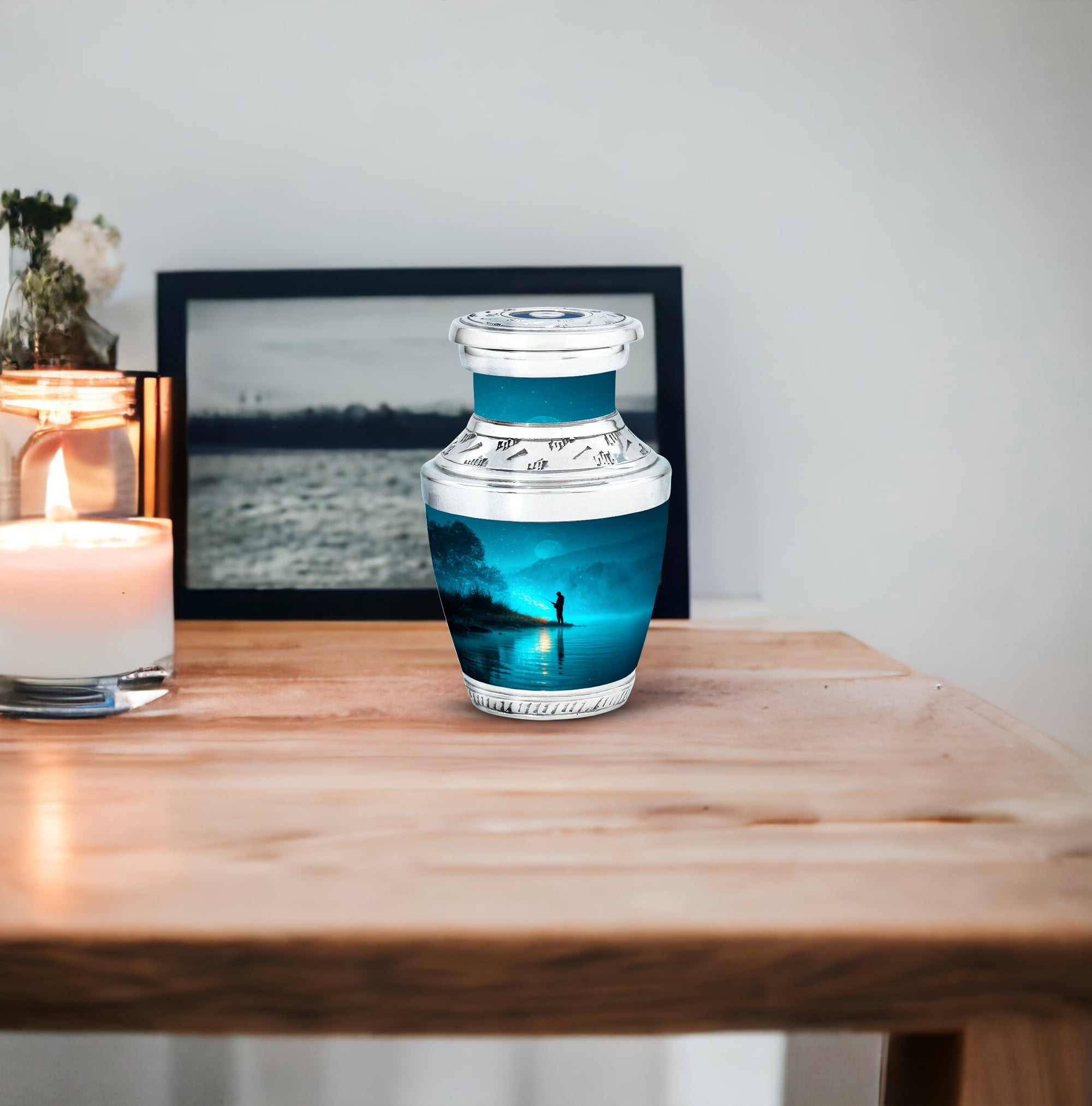 MUKTIVE Fishing Silhouette Keepsake Cremation Urns for Human Ashes - Blue, Evening Small Burial Urn for Adult Human Ashes - Decorative Cremation Containers - Remembrance Gift for Loss of Mom (3 Inch)